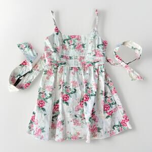 Cottage White Floral Rose Mini Dress Size L Pink Zip Scoop Neck